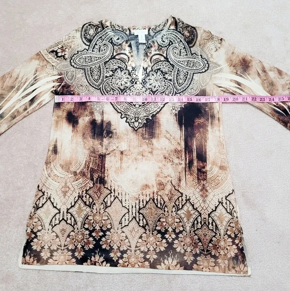 Chico's (1) Womans Tunic Top Jeweled/Beaded Brown Paisley Made In USA Size Small - Picture 10 of 13